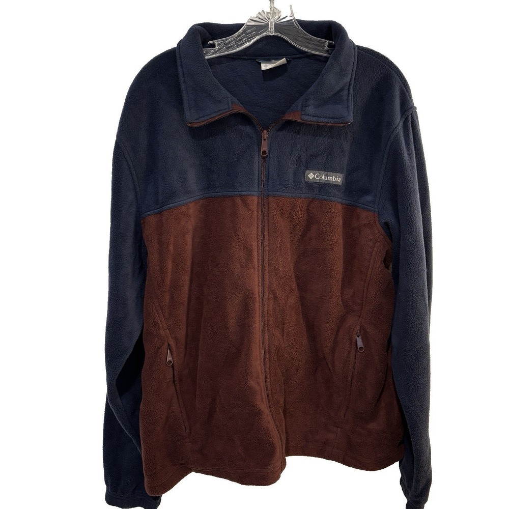Columbia Full Zip Jacket Mens L Navy Brown Lightweight Stand Up Collar Pockets